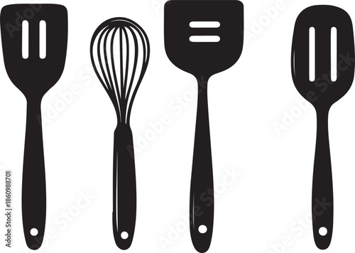 A professional set of silver metal kitchen utensils including a fork, spoon, and knife isolated on a white background for restaurant cutlery and dinner tableware