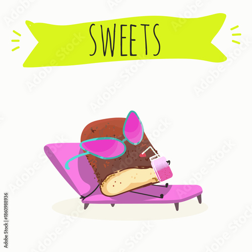 Funny Characters Turkish kazandibi,  syutlach, milk rice pudding, dessert, Eastern sweets. Hand drawn vector illustration.