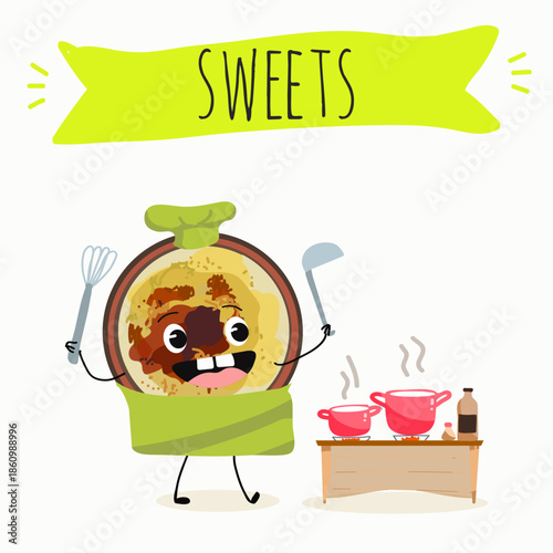 Funny Characters Turkish kazandibi,  syutlach, milk rice pudding, dessert, Eastern sweets. Hand drawn vector illustration.