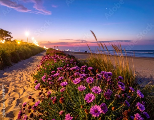 Coastal path blooming with flowers at dusk; ocean, sky, and lights