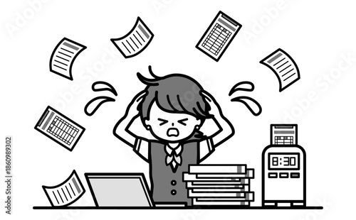紙での勤怠管理の仕事が大変で忙しい事務の女性のシンプルな白黒イラスト