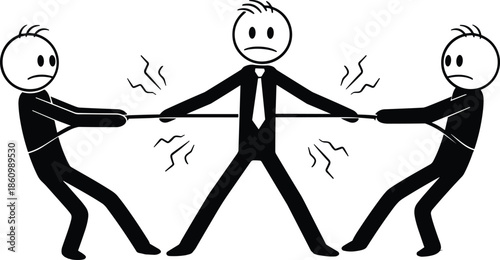 Businessman caught in workplace conflict tug-of-war between two opposing forces, stress and pressure concept in black and white cartoon