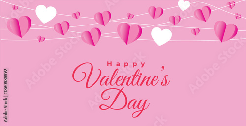 Pink valentine s day background with paper hearts and elegant calligraphy