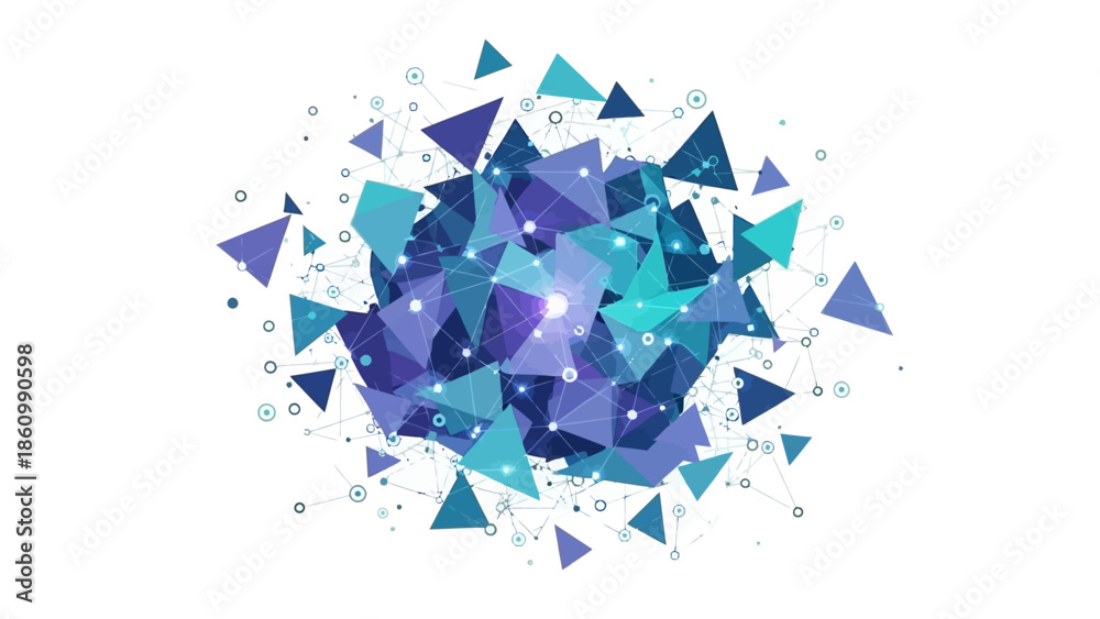 Obraz premium Abstract cluster of blue and purple connected triangles on white