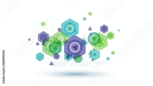 Abstract cluster of translucent purple and green hexagonal shapes with internal play icons