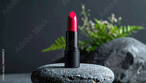 Vibrant red lipstick stands on a stone with greenery background