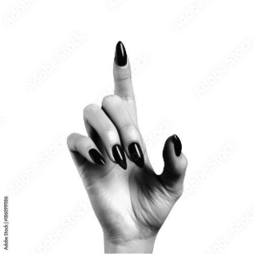 Black and white halftone illustration of a human hand with raised finger gesture, isolated on white background. Minimal retro style for concept design, protest, attitude, emotion, and expression.