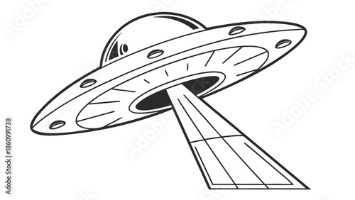 Retro flying saucer beaming light down, symbolizing alien encounter and mystery.
