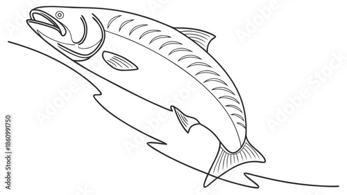 Dynamic line art illustration of a salmon leaping upstream through flowing water