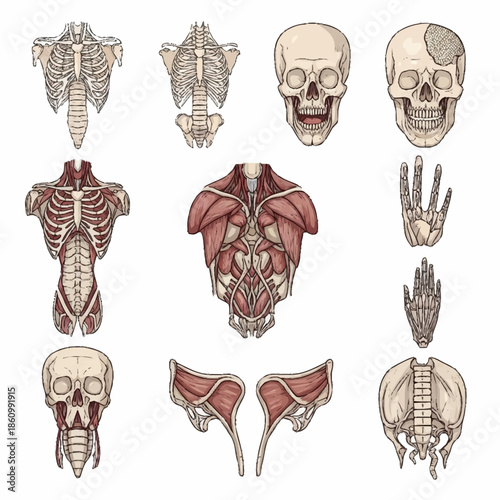 Detailed anatomical illustrations of human body parts including skeletal and muscular structures.