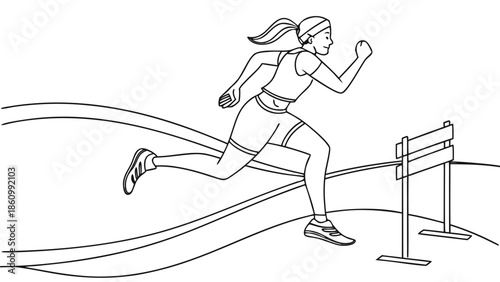 Determined female athlete leaps over a hurdle during a track and field race