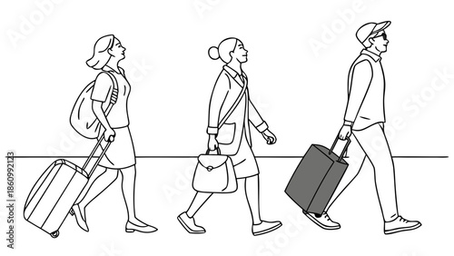 Diverse group of people walking with luggage, ready for travel and adventure.