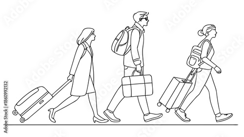 Diverse group of travelers walking with luggage, ready for adventure