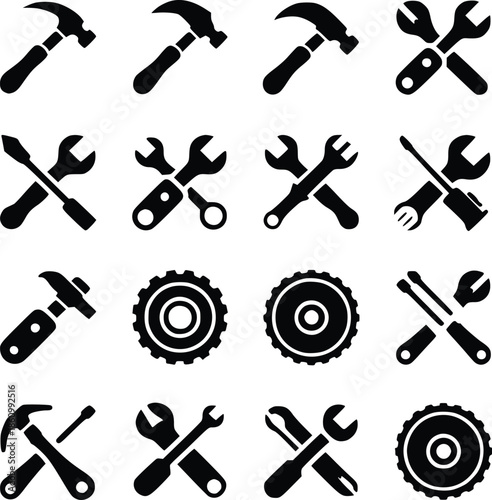 Collection of black silhouette icons depicting various hand tools for repair work