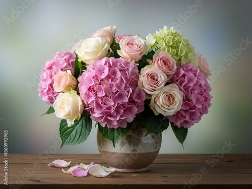 Elegant Hydrangea and Rose Floral Still Life - Beautiful Spring Bloom Arrangement
