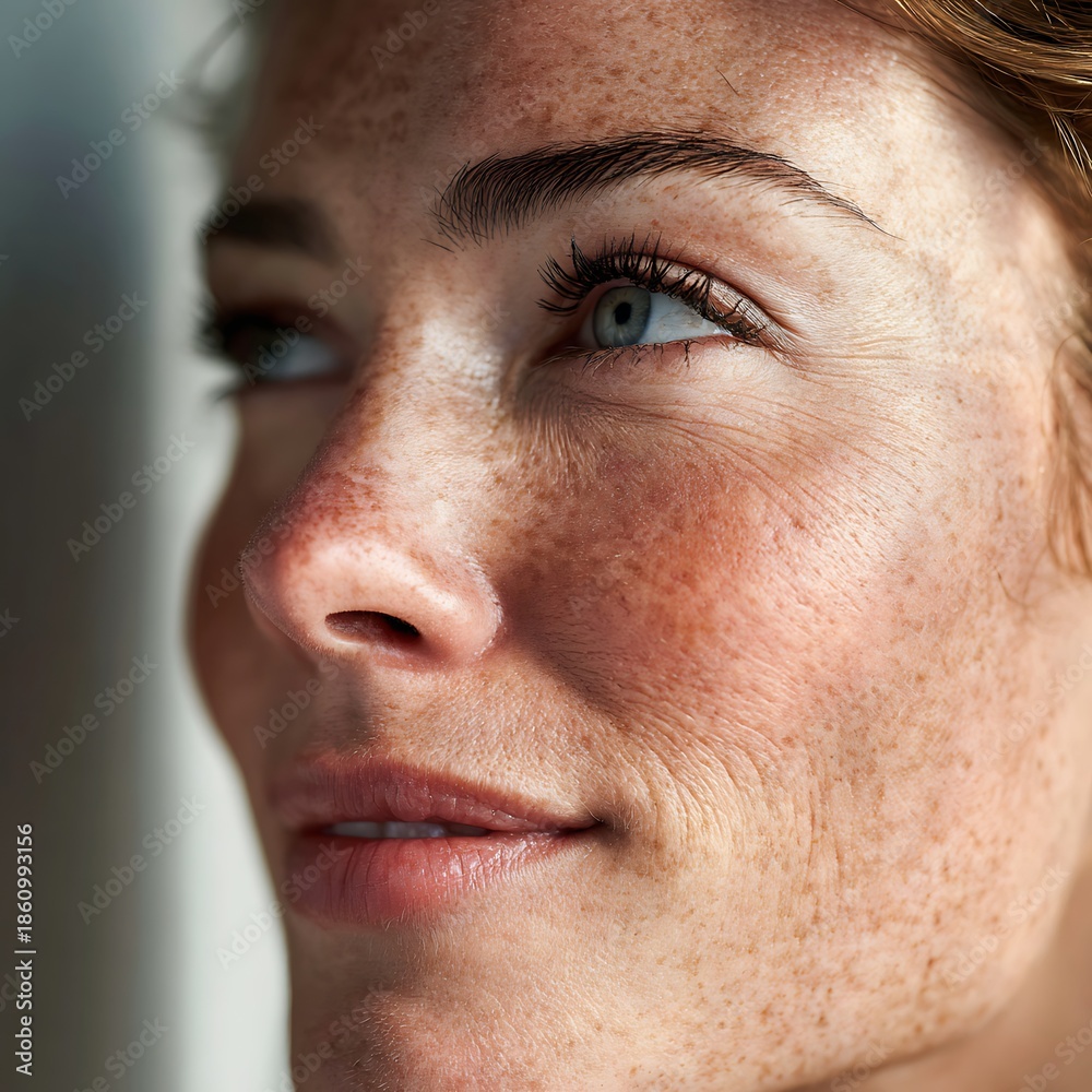 Fototapeta premium Detailed portrayal of skin, pores, freckles, and natural imperfections. Uses soft lighting and light makeup. Suitable for skincare, cosmeceutical, and skin health advertising.