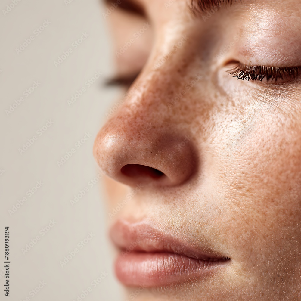 Fototapeta premium Detailed portrayal of skin, pores, freckles, and natural imperfections. Uses soft lighting and light makeup. Suitable for skincare, cosmeceutical, and skin health advertising.