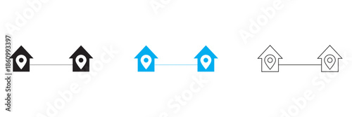 We've moved vector. Simple flat illustration showing two location pins connected by a dashed route, representing navigation, travel planning, and destination mapping concepts.
