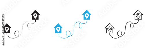 We've moved vector. Simple flat illustration showing two location pins connected by a dashed route, representing navigation, travel planning, and destination mapping concepts.

