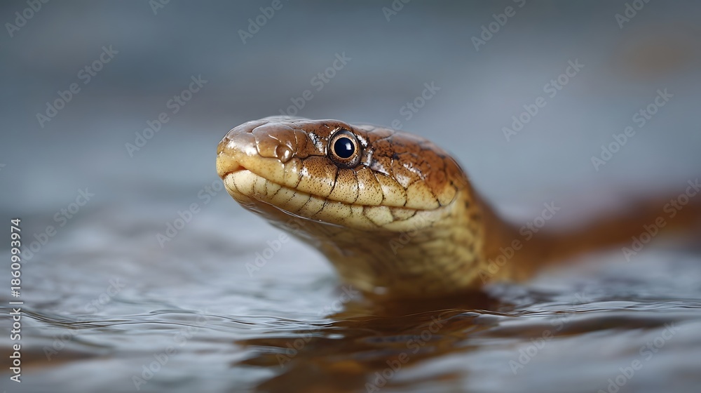 Obraz premium Detailed close up portrait of a brown snake s head emerging from the surface of rippling water its wet scales and alert eye are in focus