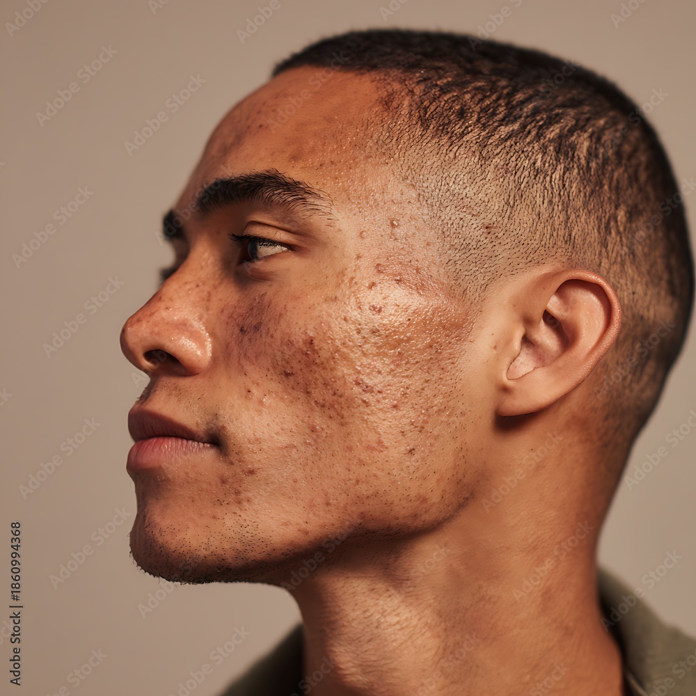 Fototapeta premium Detailed skin description, acne marks, and natural imperfections. Uses clean, soft lighting and light makeup. Suitable for skincare, cosmeceutical, and acne care advertising.