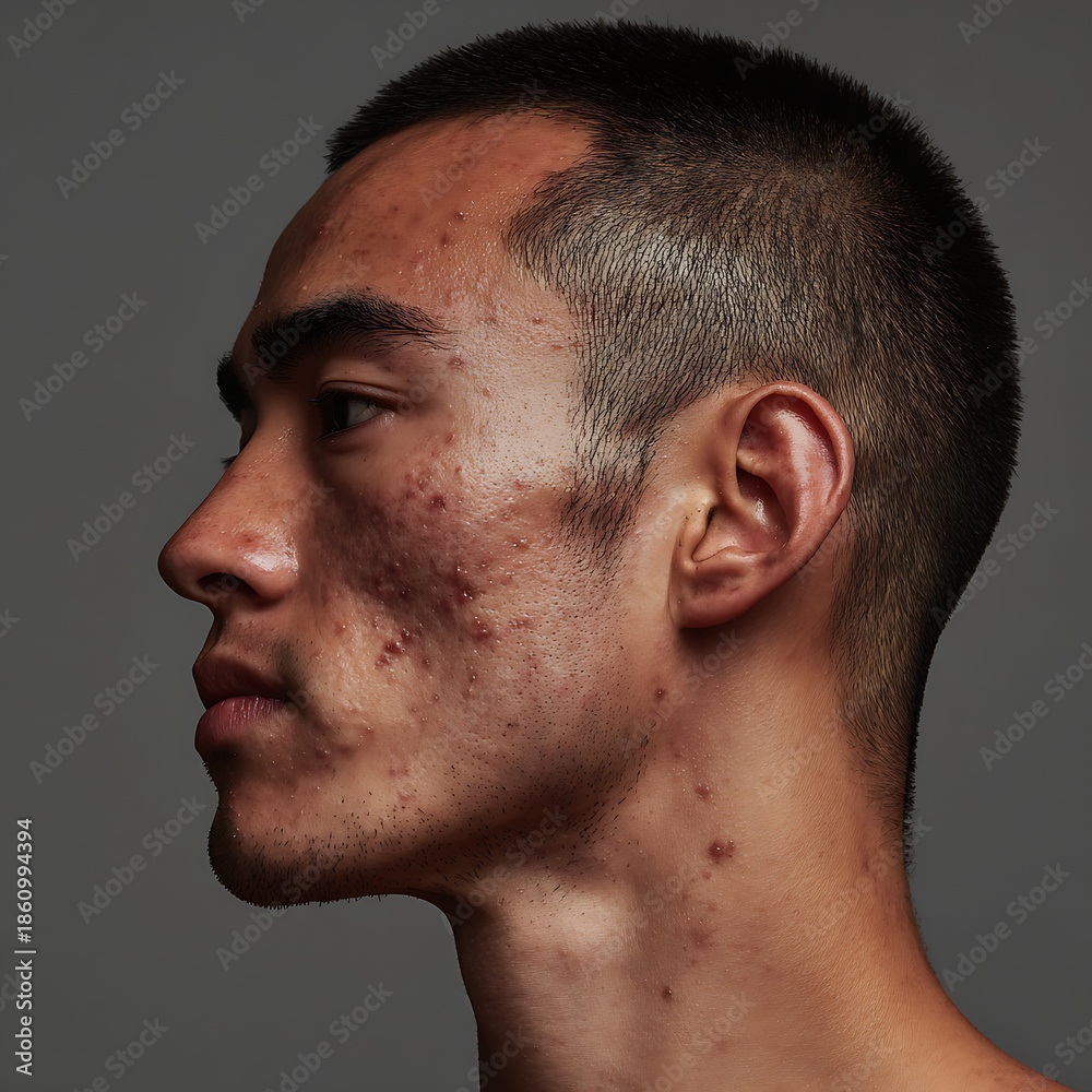 Fototapeta premium Detailed skin description, acne marks, and natural imperfections. Uses clean, soft lighting and light makeup. Suitable for skincare, cosmeceutical, and acne care advertising.