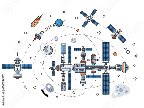 Flat design illustration of a complex space station orbiting planets and satellites