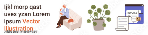 Senior life, home decor, finance management, online transactions, healthcare costs, personal savings. Elderly woman on a sofa, a potted plant and digital invoice graphics. Senior life and finance