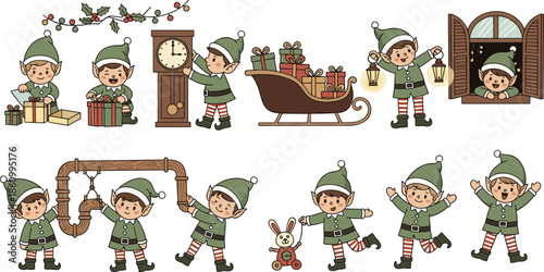 Cute Christmas elves illustration, holiday gift preparation scene, festive Santa helpers decorating, carrying presents, winter celebration cartoon artwork for seasonal design