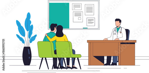 Doctor consulting couple in modern clinic office, healthcare discussion, medical advice, family support, hospital appointment, professional consultation illustration concept for patients care