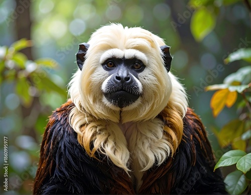 A frontal portrait of a primate featuring light fur framing its face, dark facial skin, and dark fur elsewhere