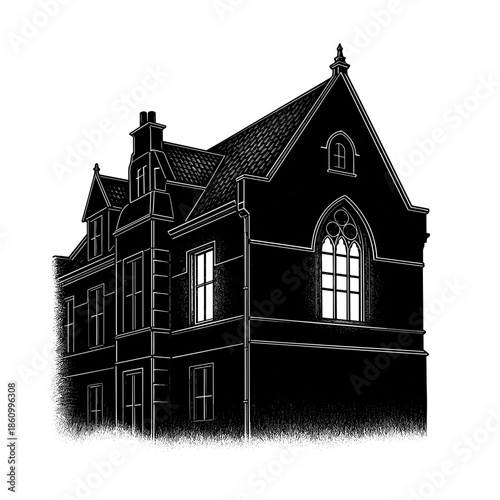 Dark silhouette of a gothic house with a lit window at night  