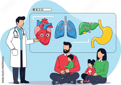 Doctor explaining human organs to family with children, medical education, healthcare awareness illustration, friendly anatomy lesson and pediatric health guidance
