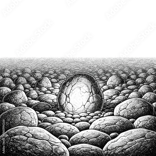 Surreal cracked egg glowing among smooth stones in black and white  
