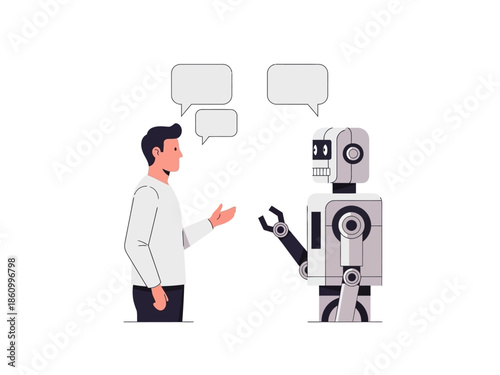 Man interacting with a robot in a discussion, standing opposite each other in a neutral environment