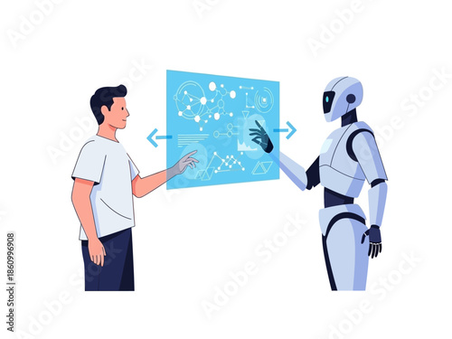 A human and a robot interacting with a futuristic interface together