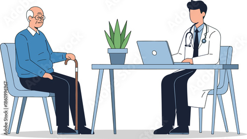 Elderly patient consulting doctor in hospital office, senior healthcare checkup, medical advice, 