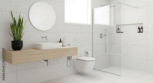 Modern white bathroom with floating vanity and glass shower