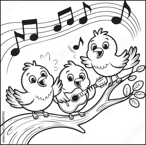 Musician coloring page for kids, Cute birds enjoy music with guitar black line art vector illustration doodle coloring book for relaxing