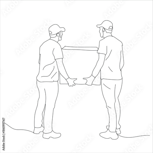 two men lifting goods. Two men work together as a team to carry a large heavy cardboard box, line art