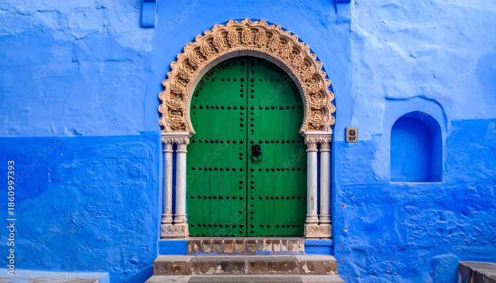 Naklejka premium Green arched door with ornate frame on blue wall