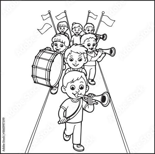 Musician coloring page for kids, Cute children enjoy music black line art vector illustration doodle coloring book for relaxing