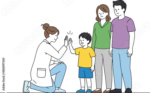 Female doctor giving high five to happy child, supportive parents smiling, positive hospital visit, trust, pediatric healthcare, wellness, friendly medical care illustration