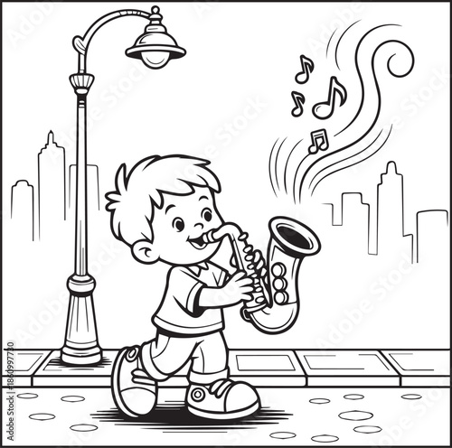 Musician coloring page for kids, Cute boy enjoy music black line art vector illustration doodle coloring book for relaxing