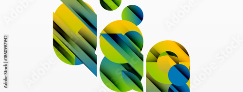 Abstract geometric shapes blend vibrant colors. Composition features overlapping lines, circles, creating dynamic visual effect. Modern design.