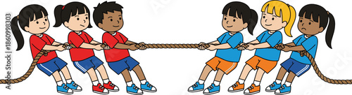 Group of school children playing tug of war game, teamwork competition and outdoor activity, happy kids pulling rope, fun sports illustration