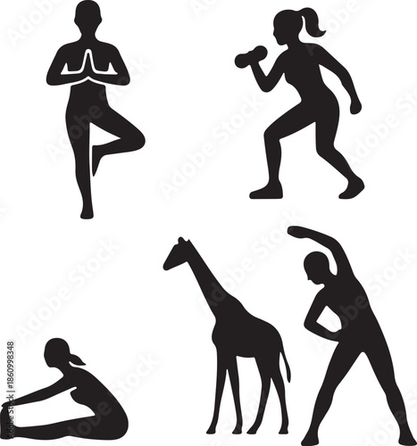 “Group fitness class silhouettes, yoga and aerobics,