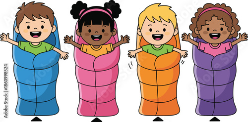 Happy diverse children in colorful sleeping bags, camping fun, outdoor adventure, kids smiling, childhood joy, cartoon illustration, summer camp activity concept