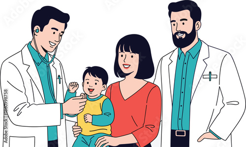 Happy family pediatric checkup illustration with friendly doctors, mother and child at hospital, healthcare consultation, medical care, trust, safety and wellness
