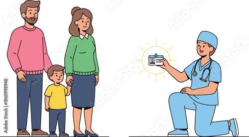 Happy family visiting hospital, nurse showing health card, child safety, healthcare support, medical consultation, trust, wellness and modern clinic illustration
